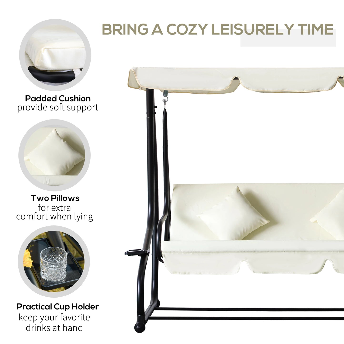 3 Seater Patio Swing Chair, Convertible Cushioned Bed, Outdoor Porch with Canopy Patio Swings with Stand at Gallery Canada