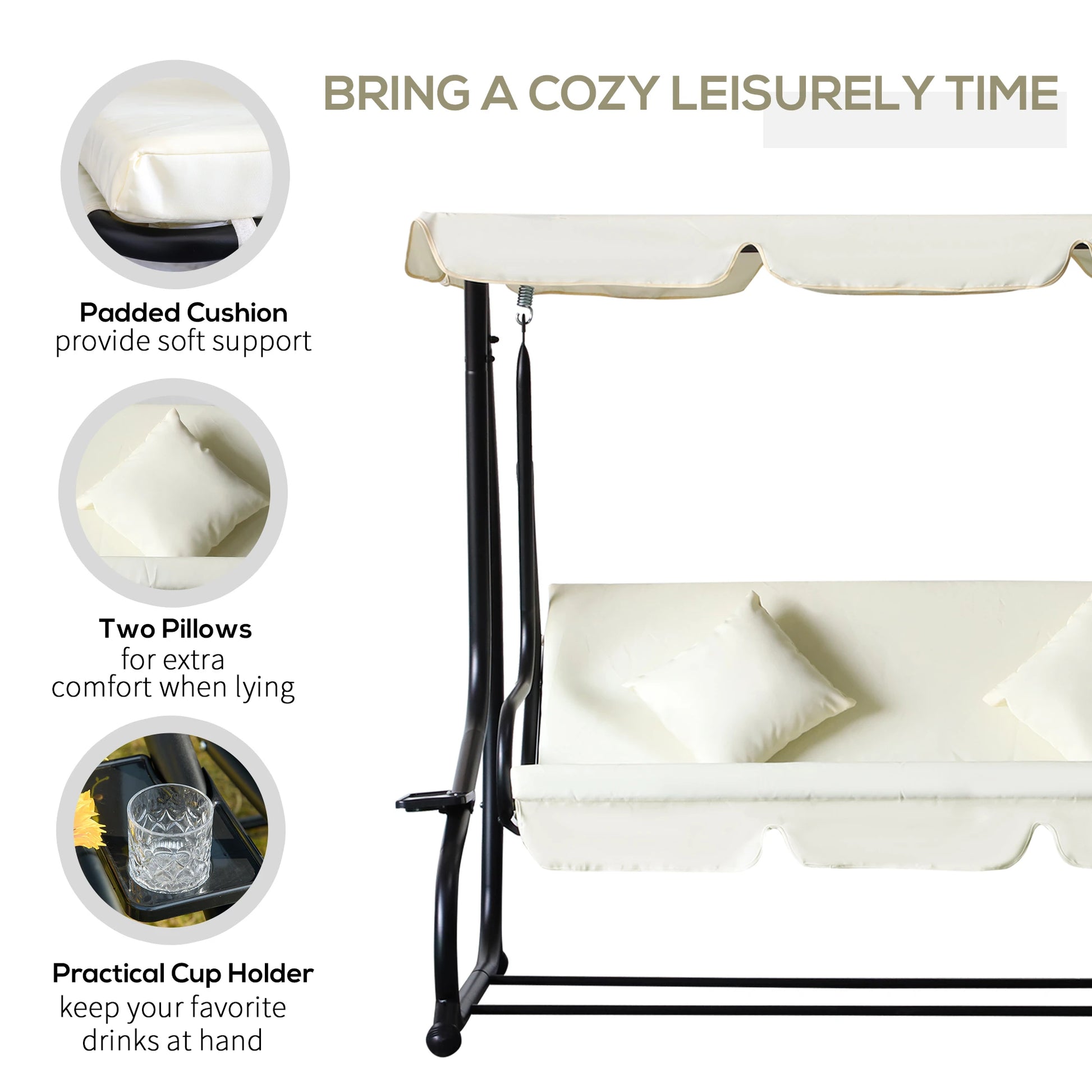 3 Seater Patio Swing Chair, Convertible Cushioned Bed, Outdoor Porch with Canopy Patio Swings with Stand at Gallery Canada