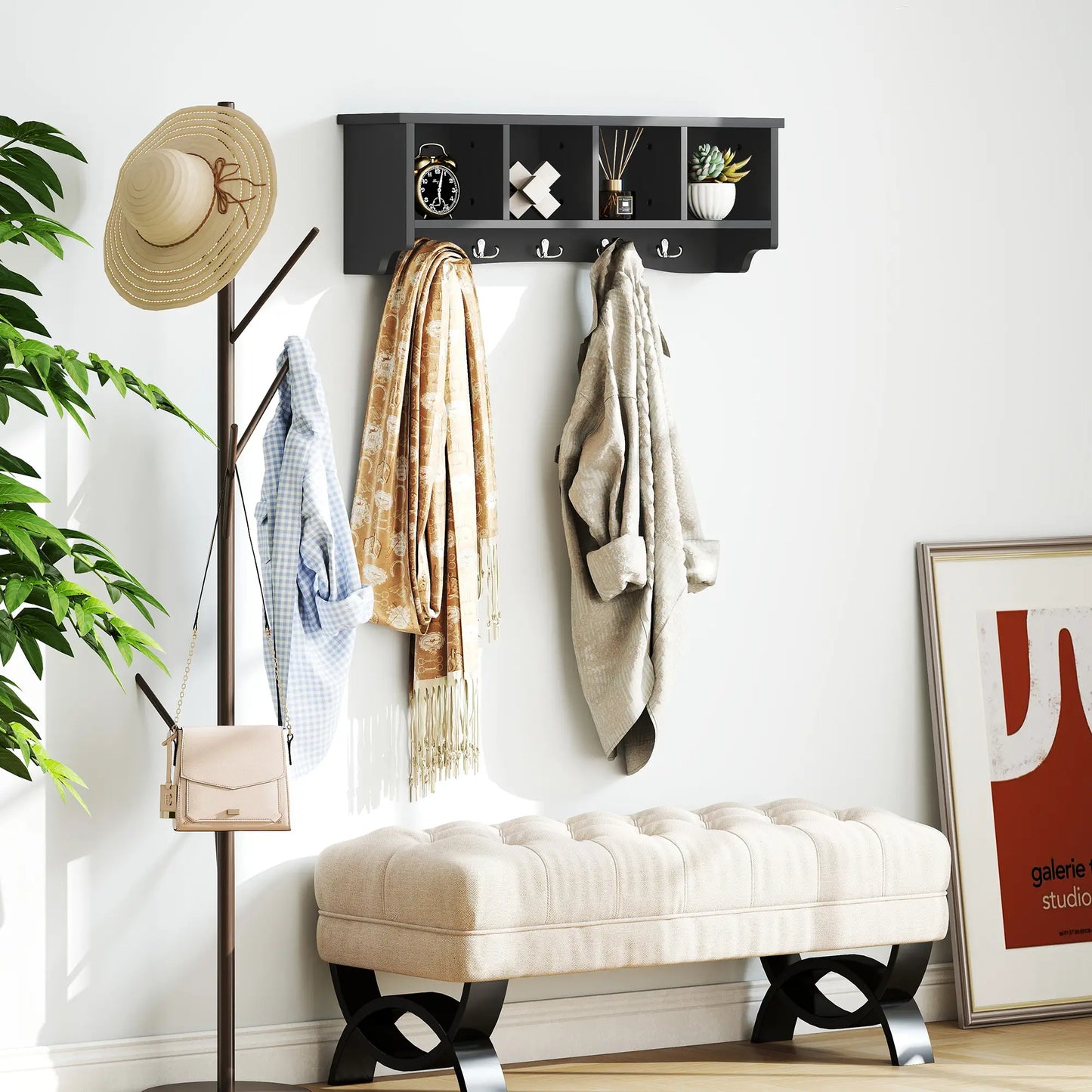 Wall Mount Coat Rack with Shelf, 28", 5 Hooks, 4 Compartments, Black