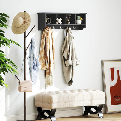 Wall Mount Coat Rack with Shelf, 28", 5 Hooks, 4 Compartments, Black