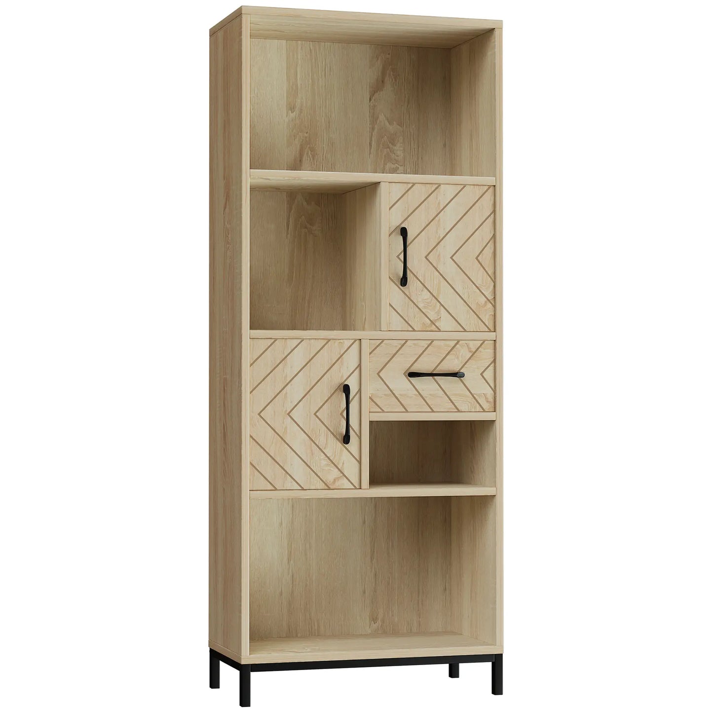 59" Bookcase, Storage Bookshelf with Cabinets, Drawer, Open Compartments, Nature Wood Bookcases With Doors Natural at Gallery Canada