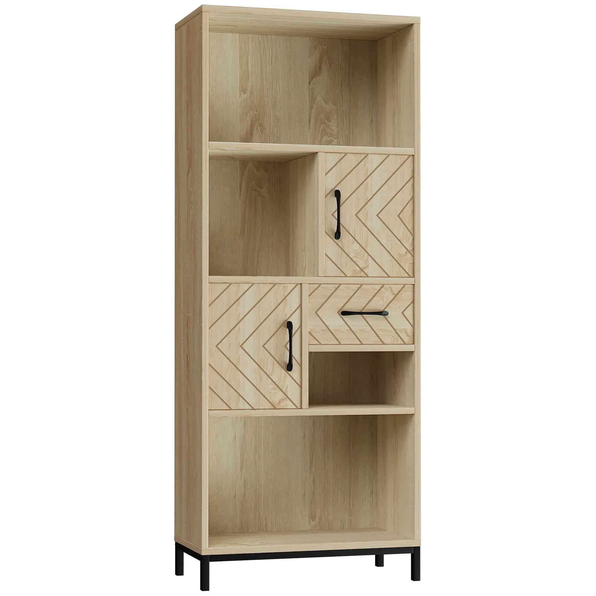 59" Bookcase, Storage Bookshelf with Cabinets, Drawer, Open Compartments, Nature Wood Bookcases With Doors Natural at Gallery Canada