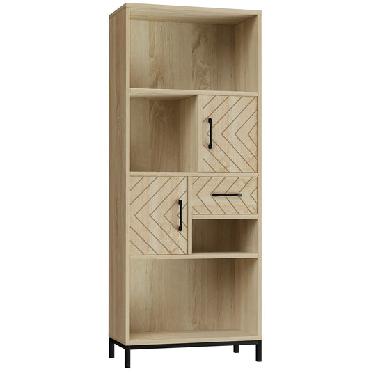 59" Bookcase, Storage Bookshelf with Cabinets, Drawer, Open Compartments, Nature Wood Bookcases With Doors Natural at Gallery Canada