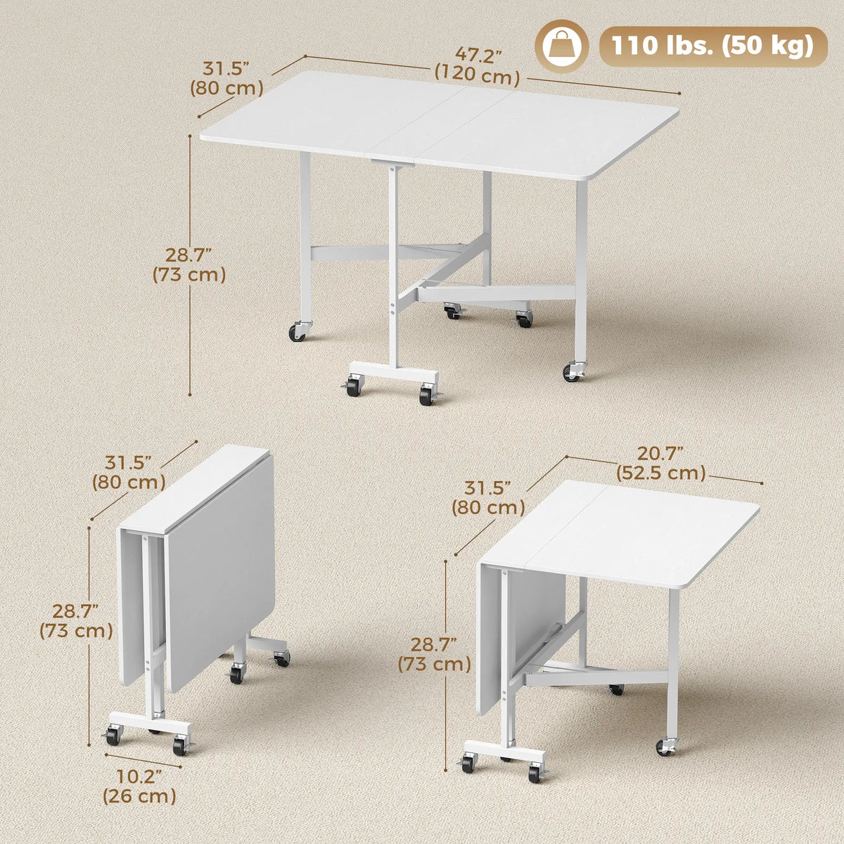 Six-Seater Drop-Leaf Dining Table with Wheels, White Dining Tables at Gallery Canada