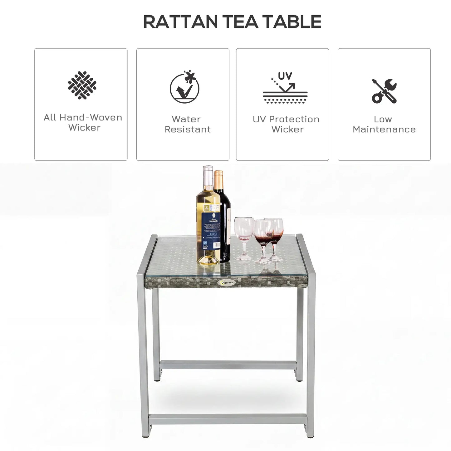 Rattan Coffee Table, Wicker Patio Side Table, Tempered Glass Top, Aluminum Frame, Gray Patio Side Tables at Gallery Canada