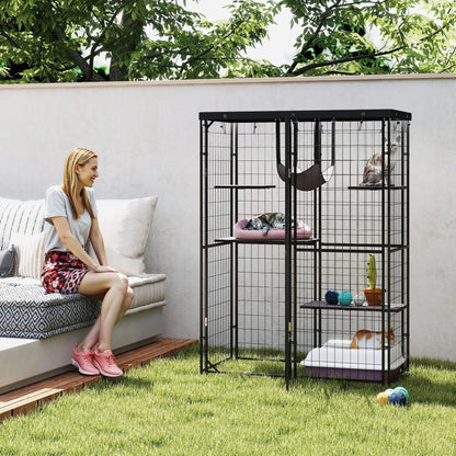 Metal Cat Cage, Waterproof Cover, 4 Platforms, Hammock, 46.5" x 22" x 62", Black Outdoor Cat Enclosures at Gallery Canada