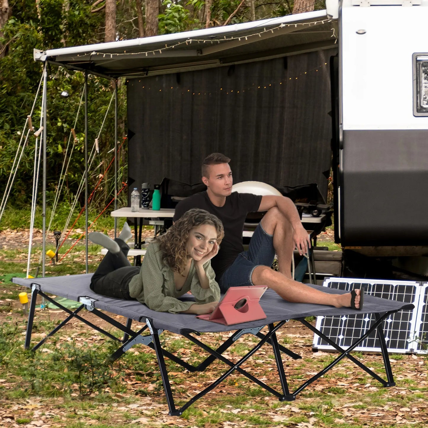 76" Two Person Folding Camping Cot, Portable Military Bed, Grey Camping Cots at Gallery Canada