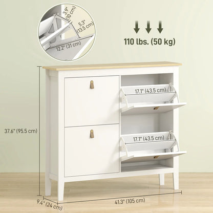 Narrow Shoe Cabinet, 4 Flip Drawers, Adjustable Shelves, White