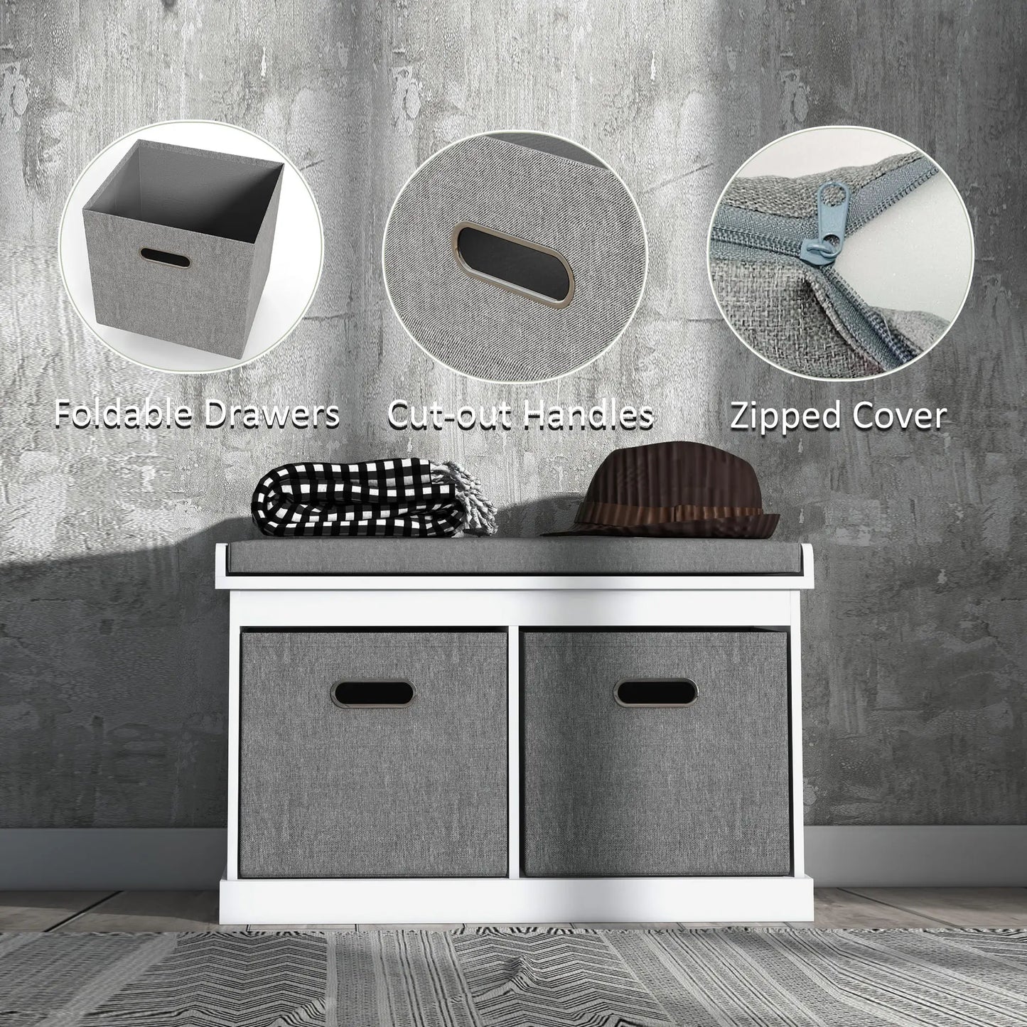 Shoe Storage Bench with Seat, 2 Fabric Drawers, White Shoe Storage Cabinets & Racks at Gallery Canada