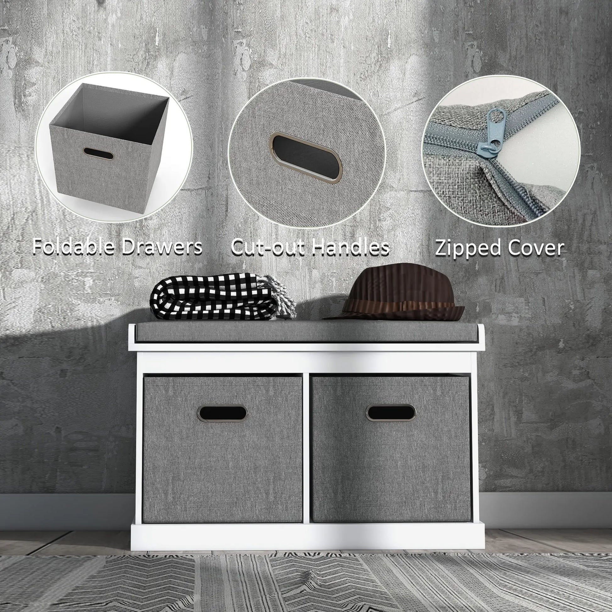 Shoe Storage Bench with Seat, 2 Fabric Drawers, White Shoe Storage Cabinets & Racks at Gallery Canada