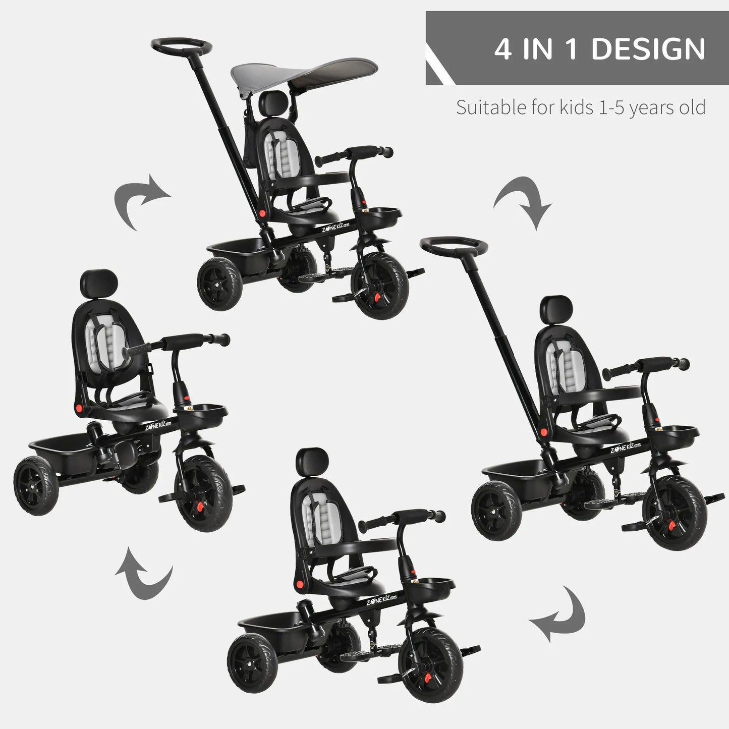 Kids Tricycle, 4 In 1 Trike, Adjustable Seat, Removable Canopy, Grey Tricycles for Kids at Gallery Canada