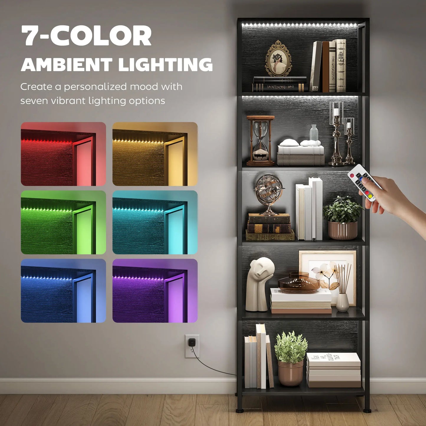 5-Tier Bookshelf With LED Lights, Metal Frame, Black