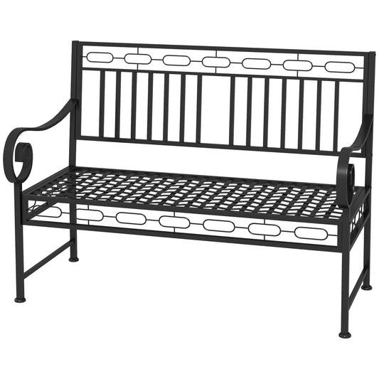 44" Metal Park Bench, 2 Seater Garden Bench with Decorative Backrest and Grid Seat for Patio, Backyard, Lawn, Black - Gallery Canada