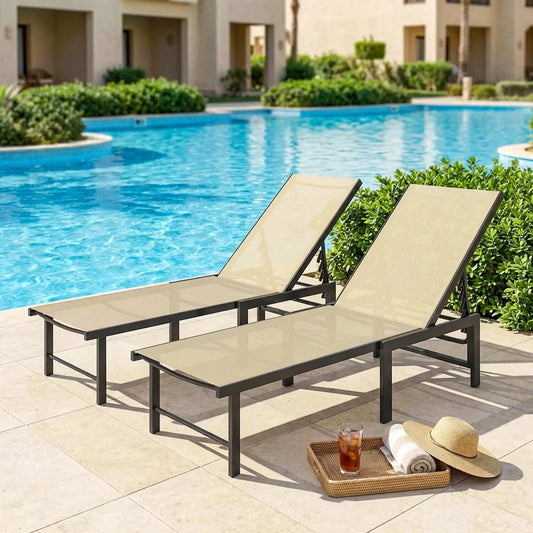 Outdoor Lounge Chair Set, 5-Position Reclining Chaise With Mesh Seat, Khaki Lounger Chairs Black, Khaki at Gallery Canada