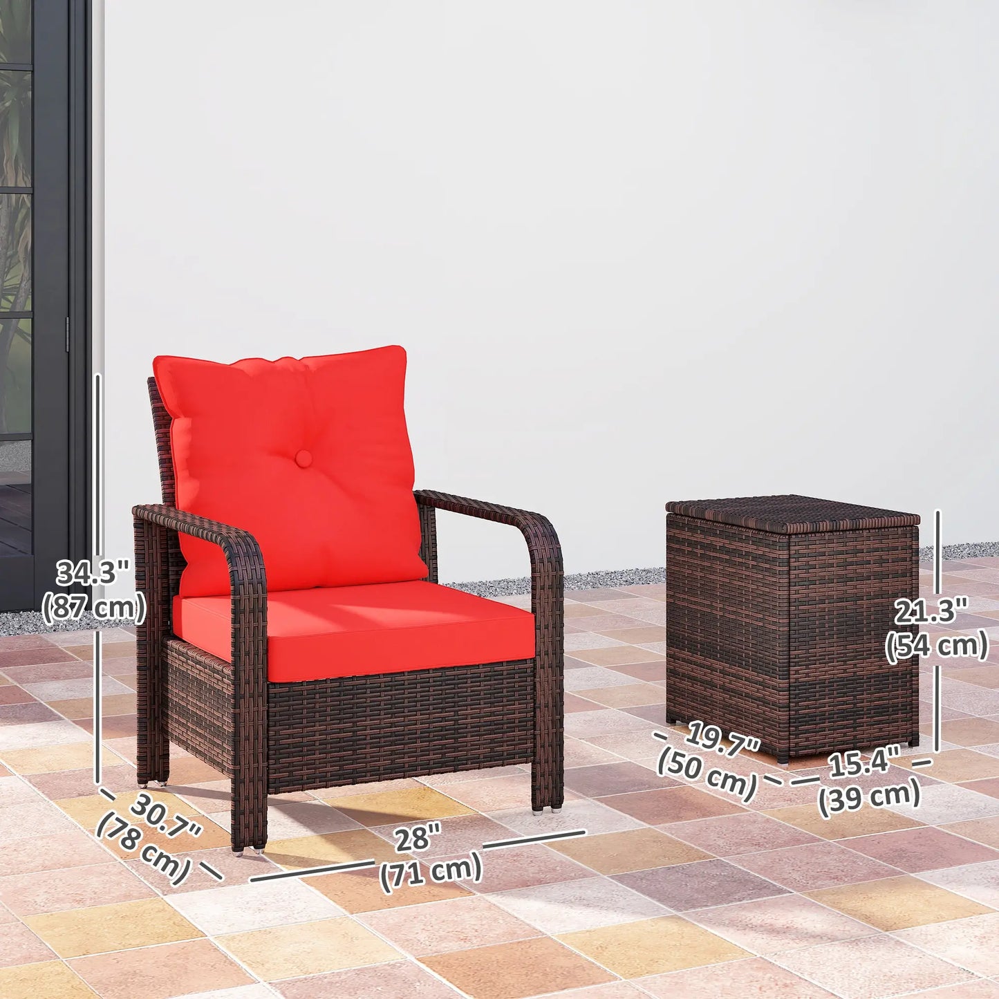 3 Pc Wicker Patio Set, Rattan Bistro with Storage Table, Thickened Cushions, Outdoor Garden Set, Red Bistro Sets at Gallery Canada