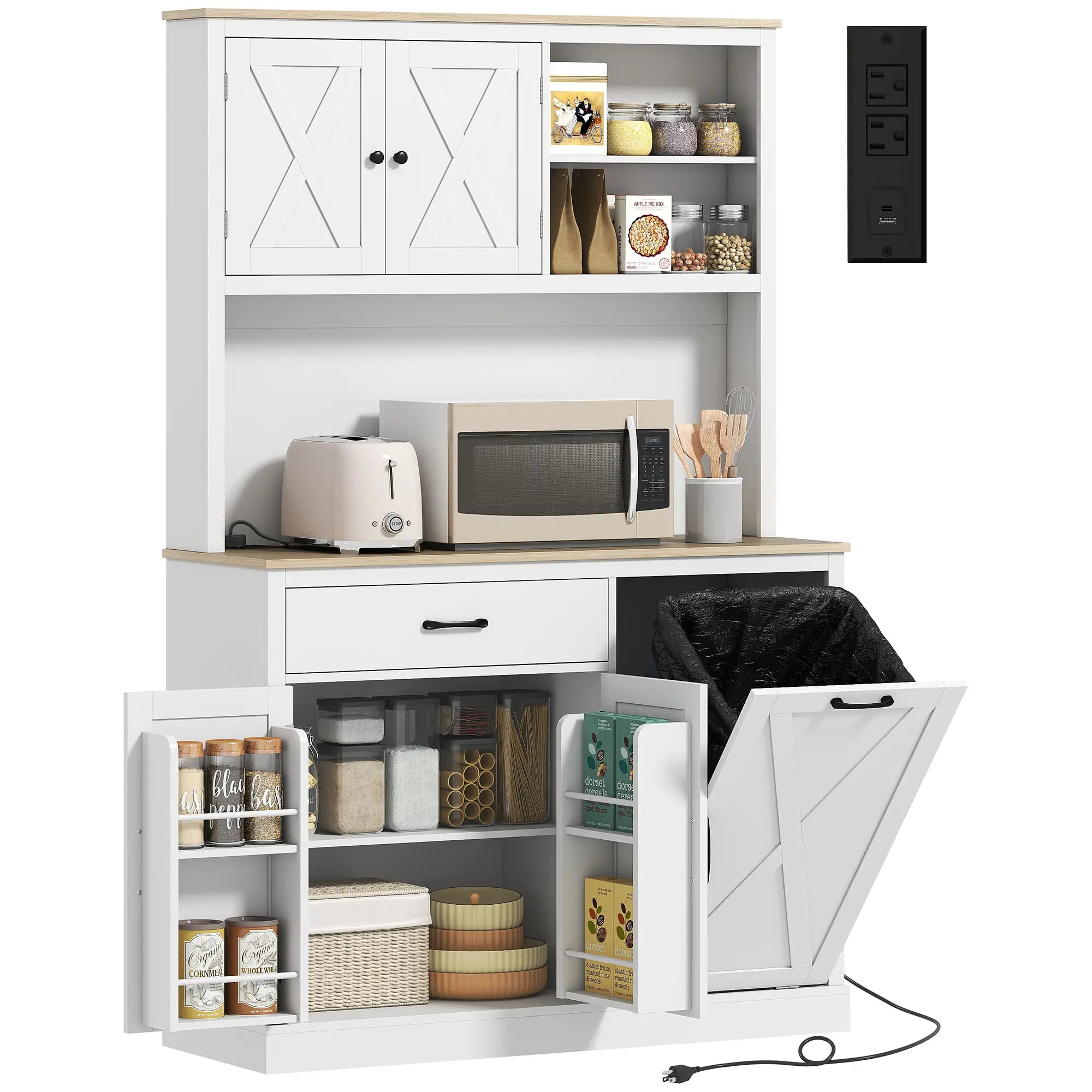 69 Inch Pantry Cabinet with Charging Station, Microwave Stand, Tilt Out Trash Can, White Kitchen Pantry Cabinets White, Oak at Gallery Canada