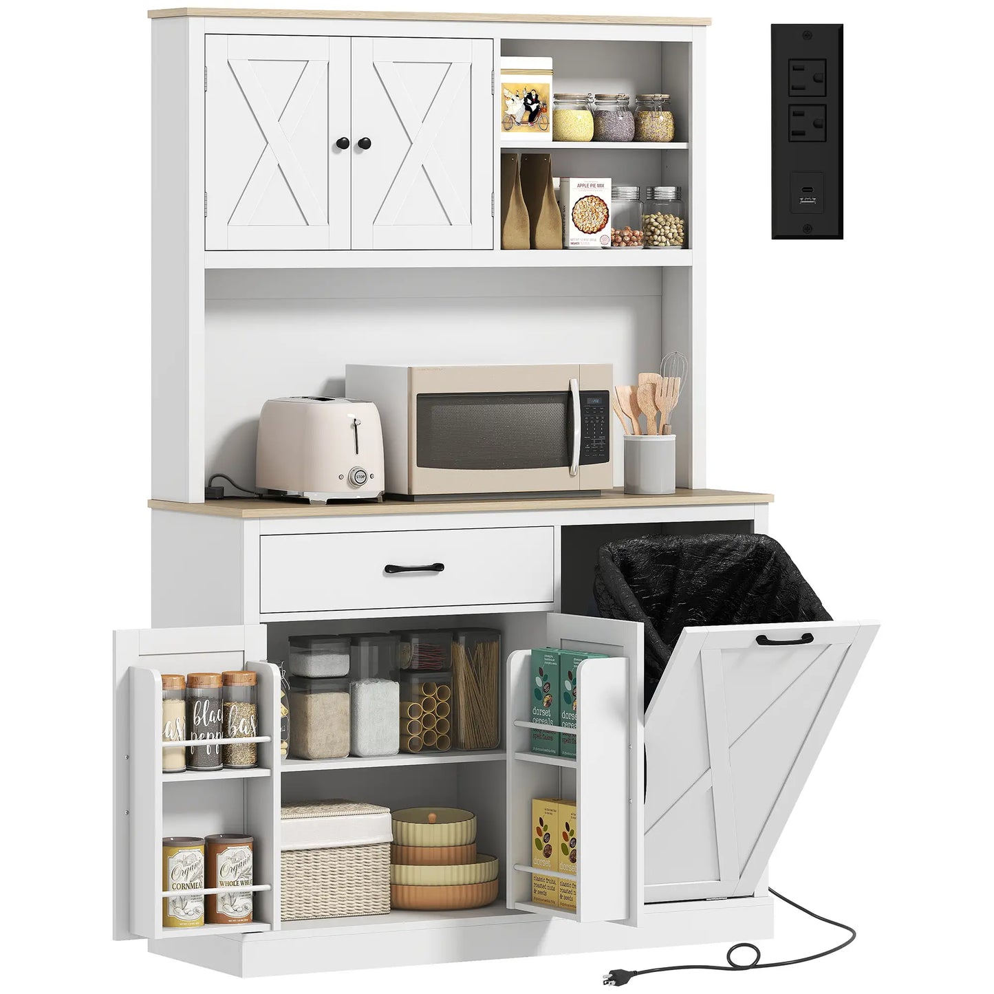 69 Inch Pantry Cabinet with Charging Station, Microwave Stand, Tilt Out Trash Can, White Kitchen Pantry Cabinets White, Oak at Gallery Canada