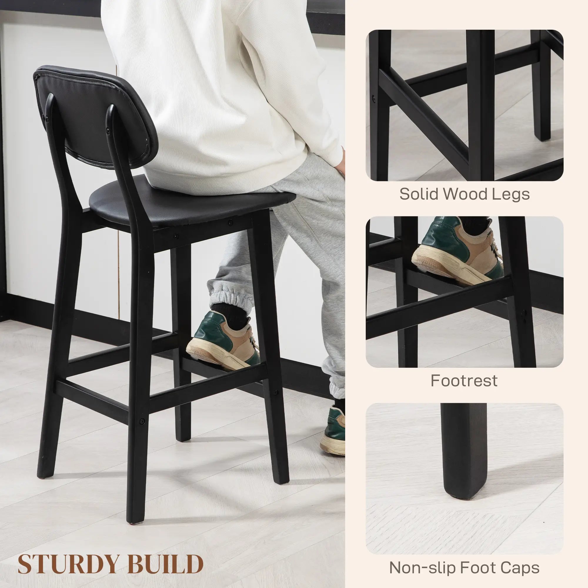 PU Leather Bar Stools Set of 2, Counter Height with Footrest, Solid Wood Legs, Black Bar Stools at Gallery Canada