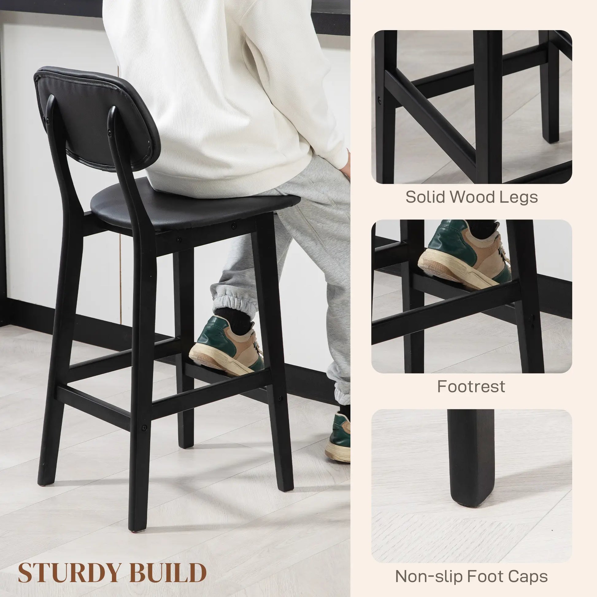 PU Leather Bar Stools Set of 2, Counter Height with Footrest, Solid Wood Legs, Black Bar Stools at Gallery Canada