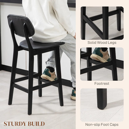 PU Leather Bar Stools Set of 2, Counter Height with Footrest, Solid Wood Legs, Black Bar Stools at Gallery Canada