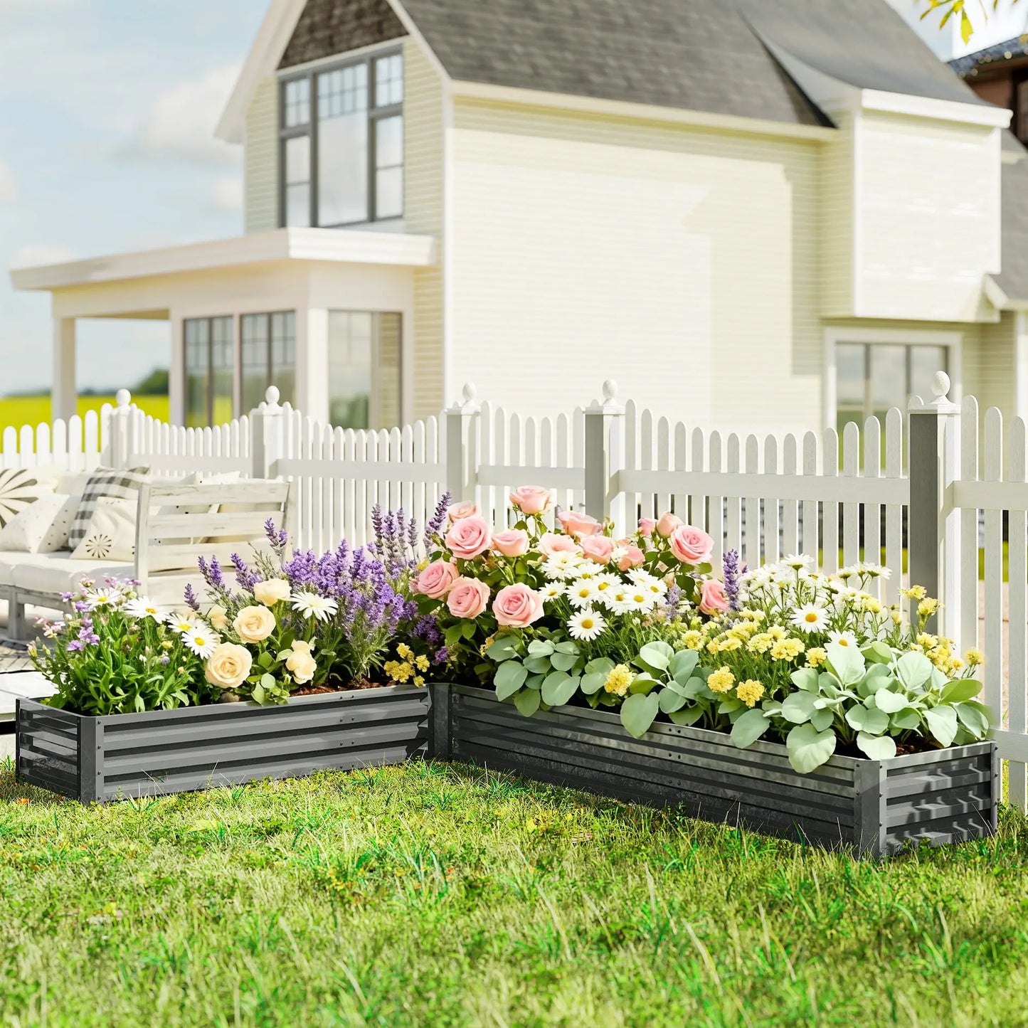 L-Shaped Raised Garden Bed, 82" x 109" x 12", Galvanized Steel Planter Box, Light Grey Galvanized Planter Boxes at Gallery Canada