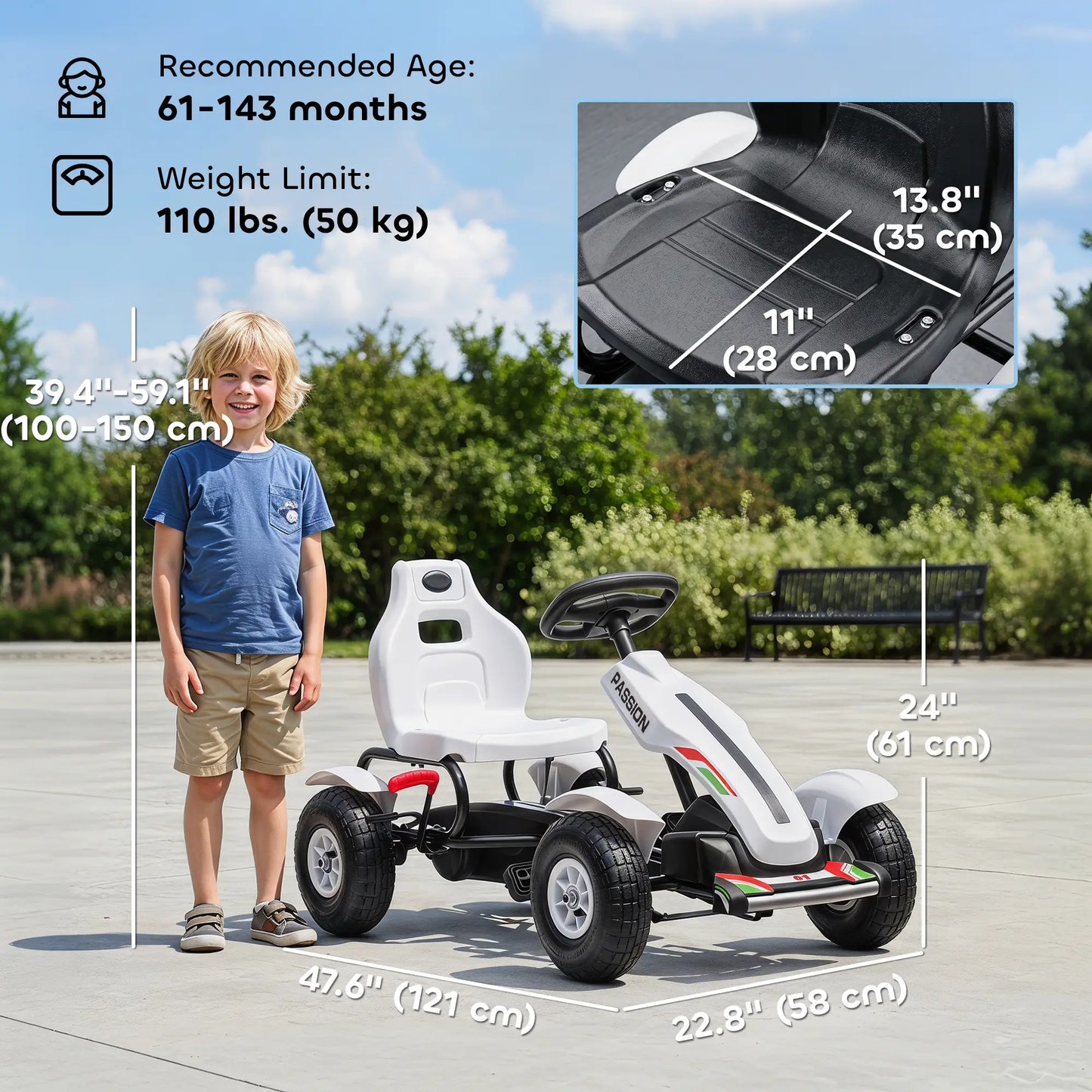 Kids Pedal Go Kart, Adjustable Bucket, Handbrake, 4 Rubber Wheels, White Pedal Go Karts for Kids at Gallery Canada
