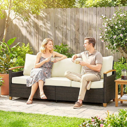 3 Seater Outdoor Sofa, PE Wicker Patio Furniture, 4" Cushions, Cream White Patio Furniture Sets at Gallery Canada