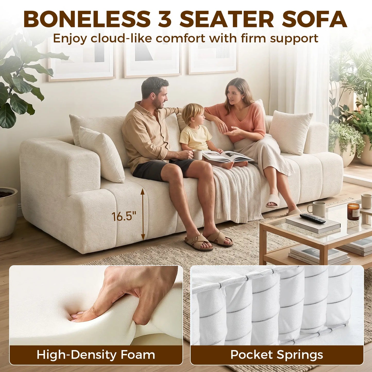 3 Seater Chenille Cloud Couch, Spring Cushion, Beige 3-Seater Sofas at Gallery Canada