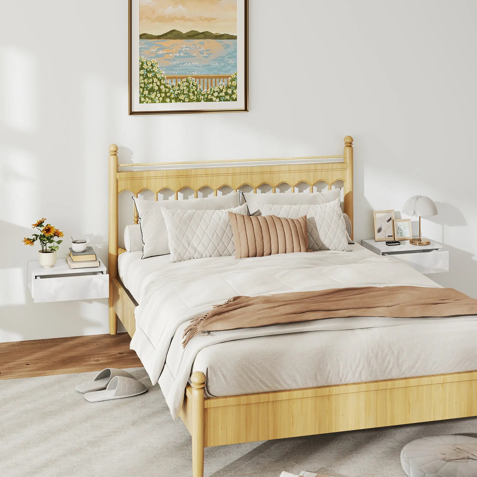 Set of 2 Wall Mounted Bedside Tables, High Gloss Floating Nightstands with Drawer, White Bedside Tables at Gallery Canada