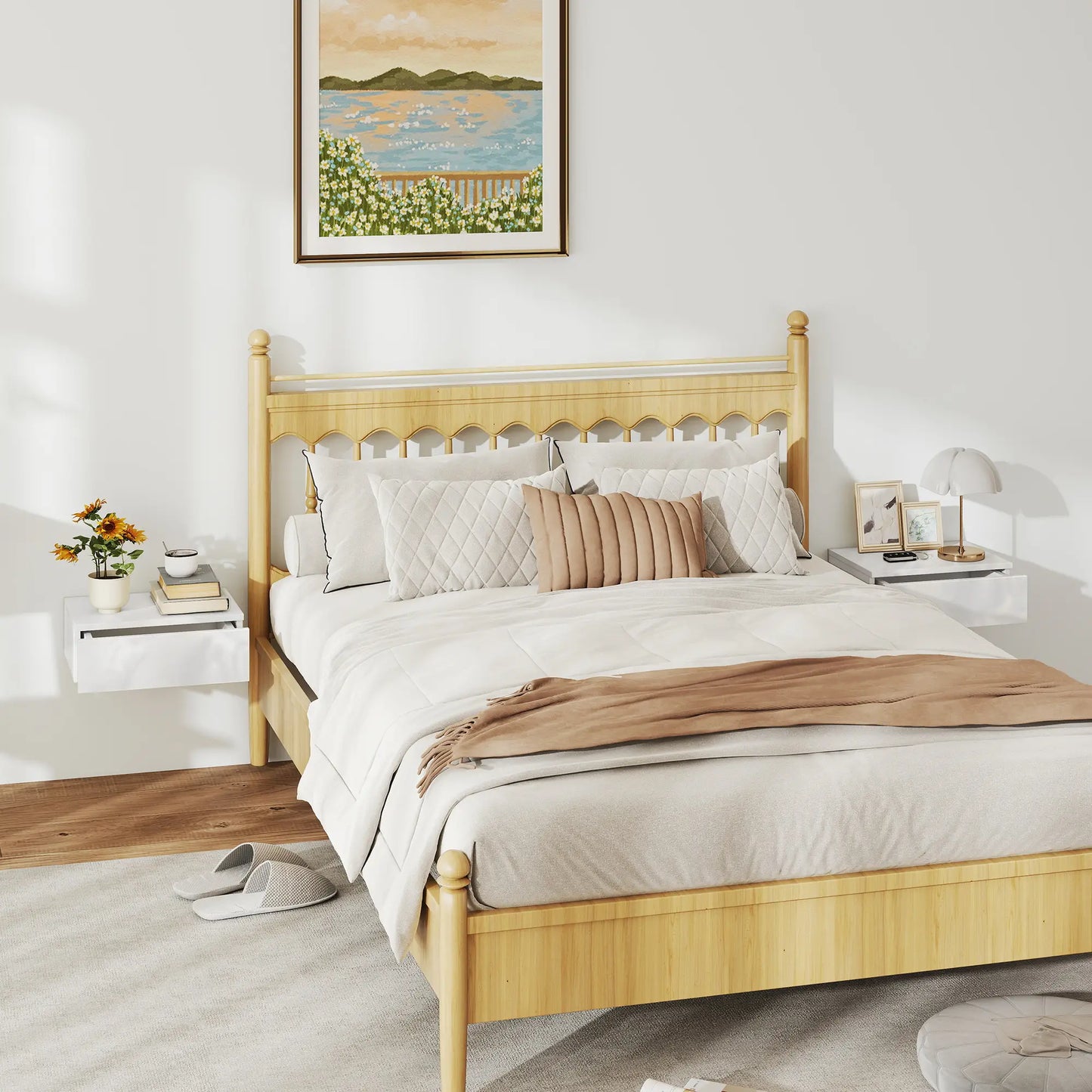 Set of 2 Wall Mounted Bedside Tables, High Gloss Floating Nightstands with Drawer, White Bedside Tables at Gallery Canada