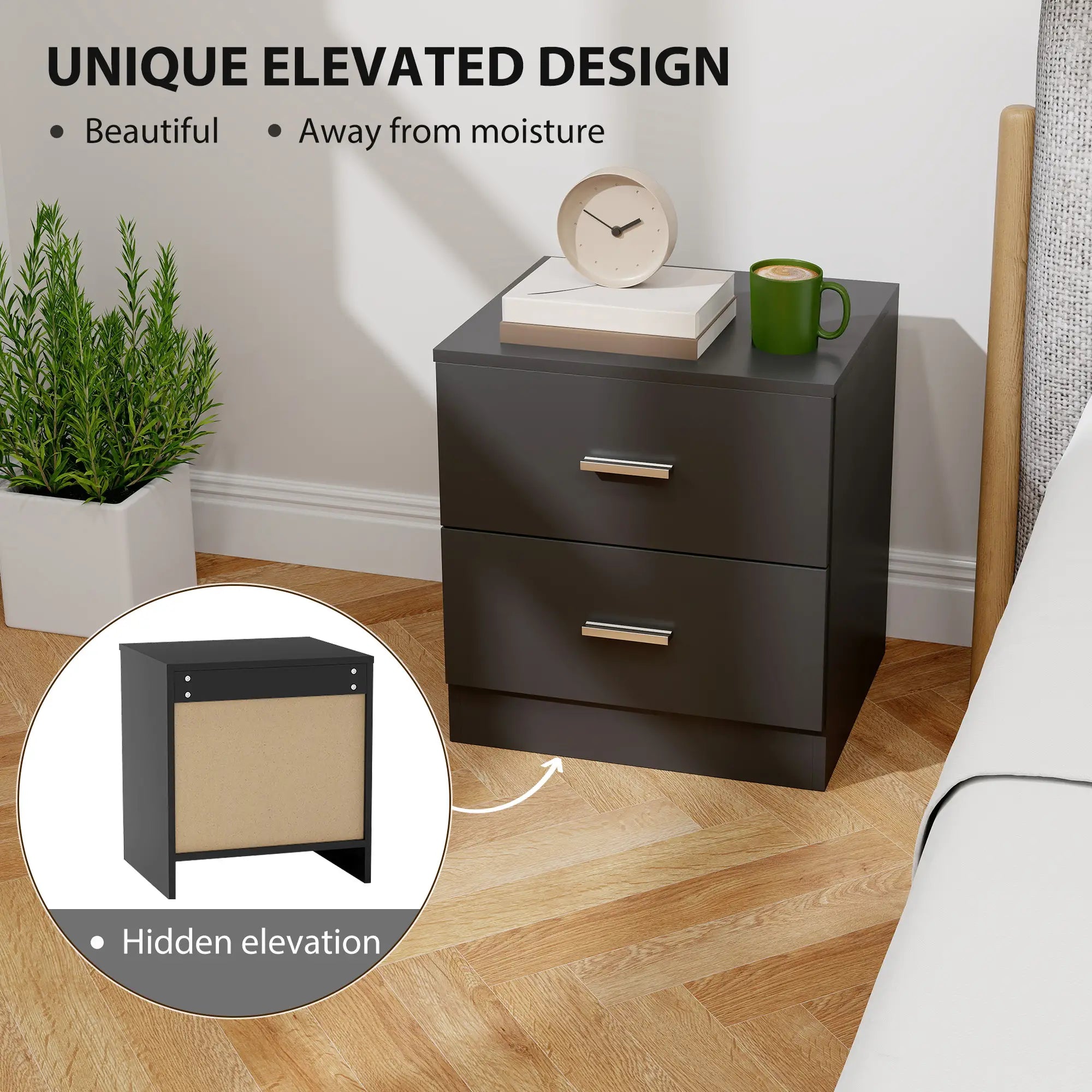 Modern Bedside Table, 2 Drawers, Nightstand for Bedroom, Black Bedside Tables at Gallery Canada