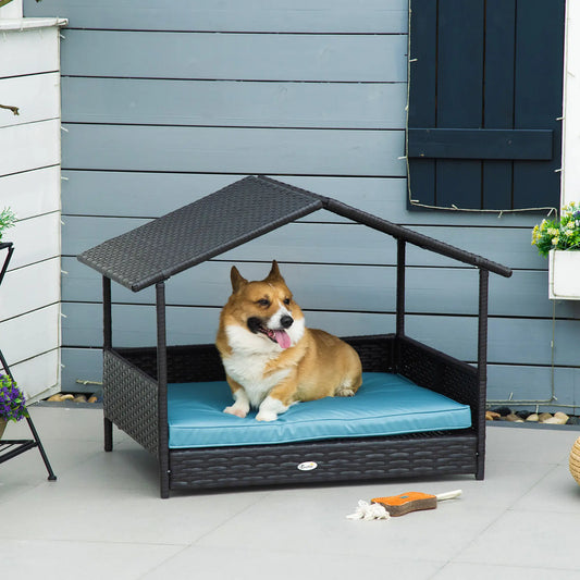 Wicker Pet House Dog Bed, Indoor Outdoor Rattan Furniture with Cushion Houses, Kennels & Pens Blue at Gallery Canada