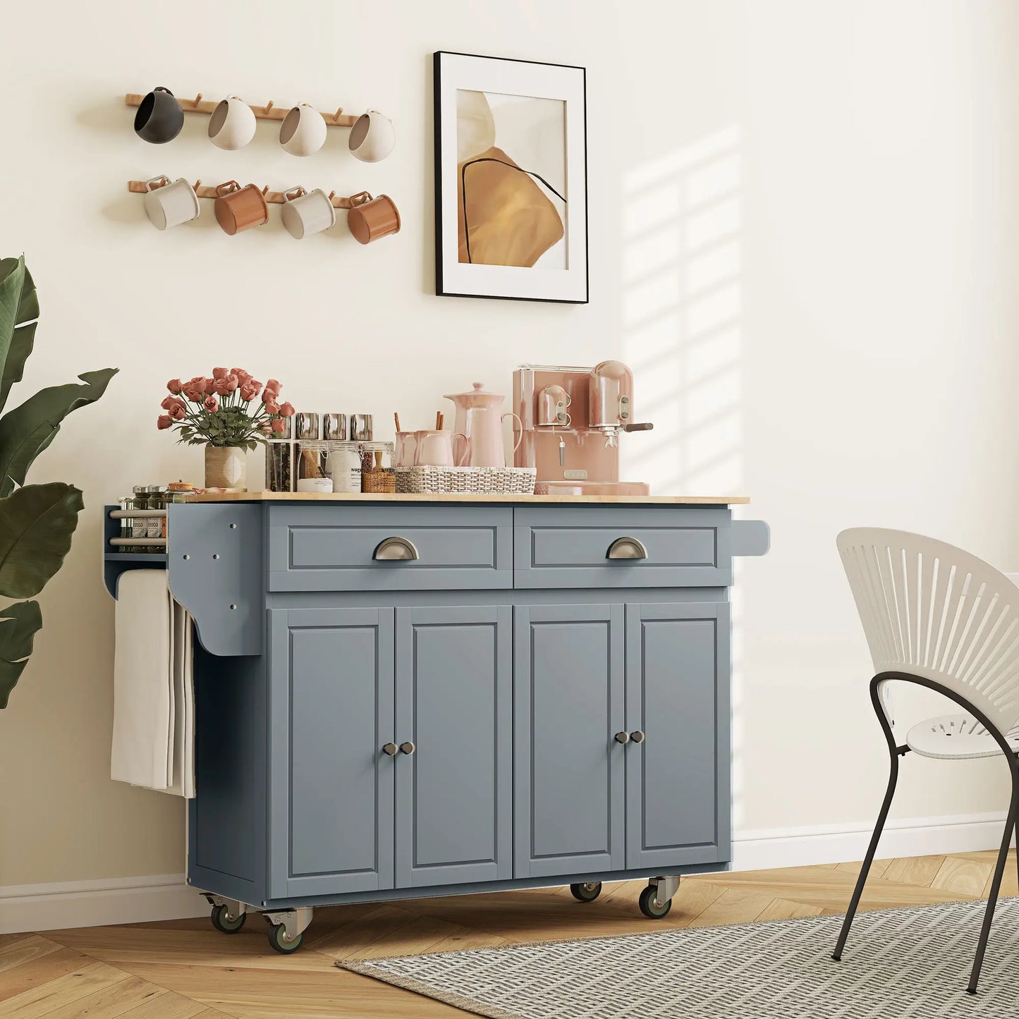 Îlot de cuisine avec rangement, tablette rabattable, plateau en bois de caoutchouc, étagères réglables, gris