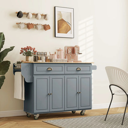 Îlot de cuisine avec rangement, tablette rabattable, plateau en bois de caoutchouc, étagères réglables, gris