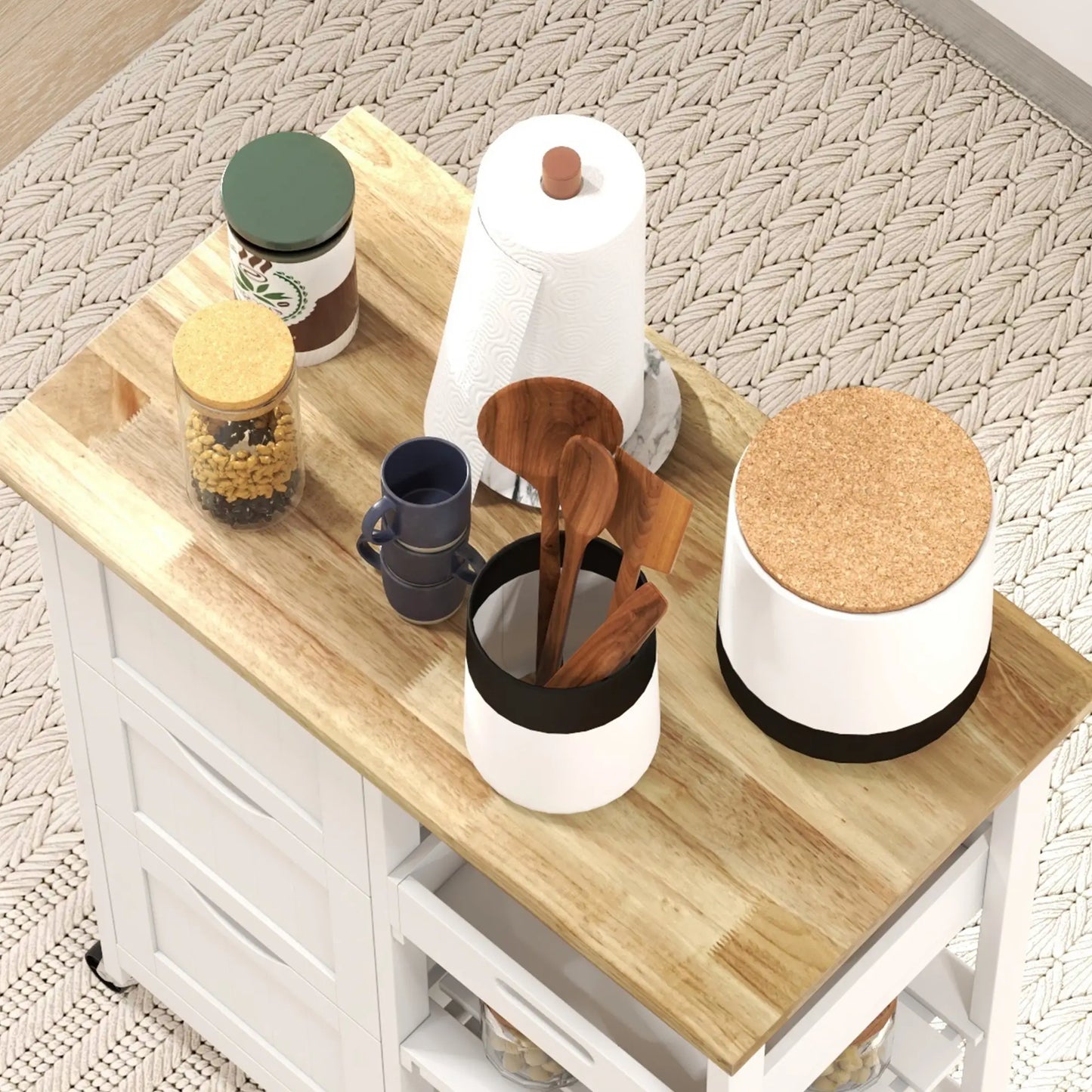 Kitchen Cart on Wheels, Wood Top, 3 Drawers, Shelves, Dining Kitchen Islands & Kitchen Carts at Gallery Canada