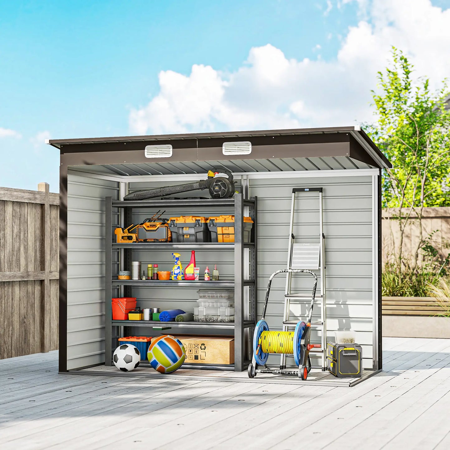 8x4FT Galvanized Metal Garden Storage Shed, Double Doors, 2 Vents, Oak Sheds at Gallery Canada