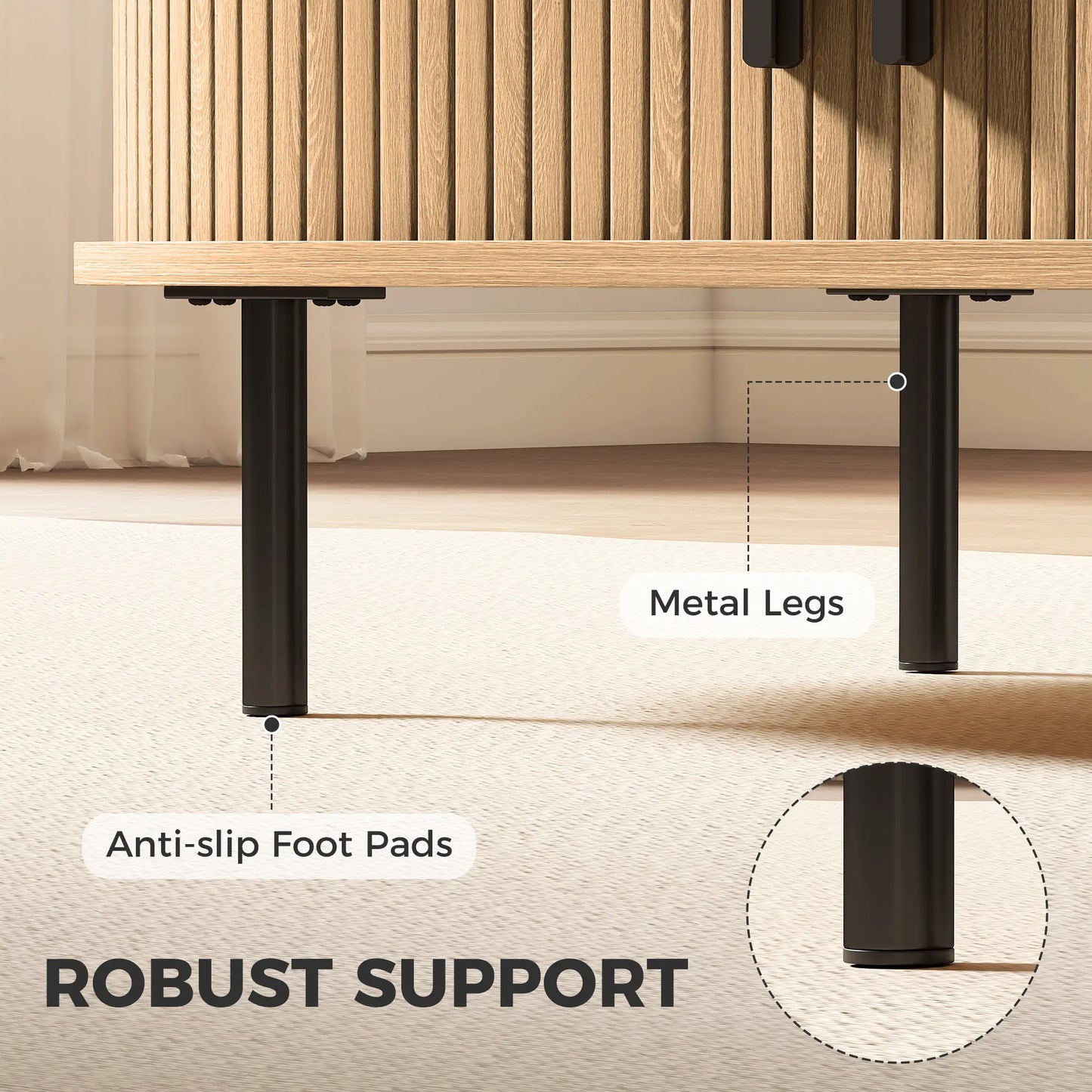 Coffee Table with Sliding Tambour Doors and Storage Center Table with Metal Legs, 39", Natural