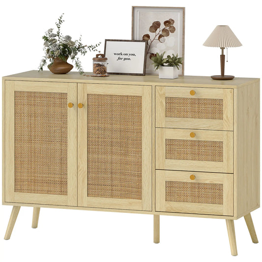 47 Inch Buffet Cabinet, Rattan Sideboard with Drawers, Natural