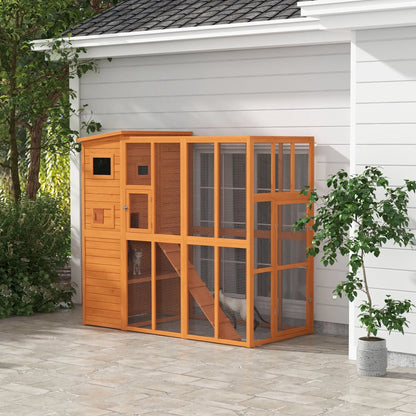 68.75" H Large Wooden Outdoor Cat House with Run, Catio, Condo, Natural Outdoor Cat Enclosures at Gallery Canada