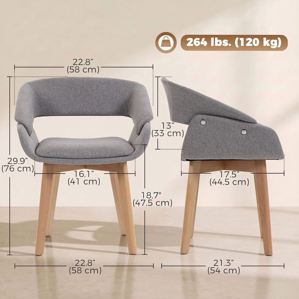 Linen Fabric Dining Chairs Set of 2, Light Grey