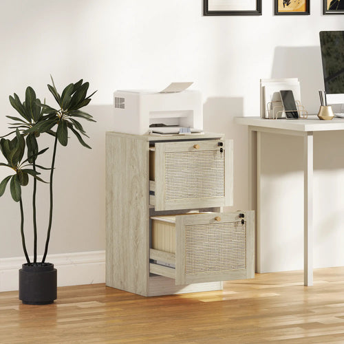 2 Drawer Filing Cabinet with Lock, Boho Style, A4 Letter Size, Oak