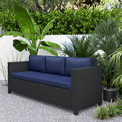 3 Seat Rattan Wicker Sofa, Outdoor Patio Furniture, Navy Blue Patio Furniture Sets at Gallery Canada
