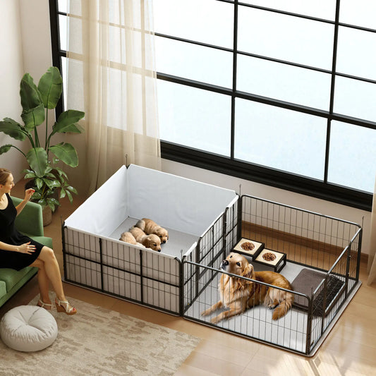 7 Panel Dog Whelping Box, DIY Pet Playpen, Washable Pee Pads, 96" x 48" x 24" Scooters Black at Gallery Canada