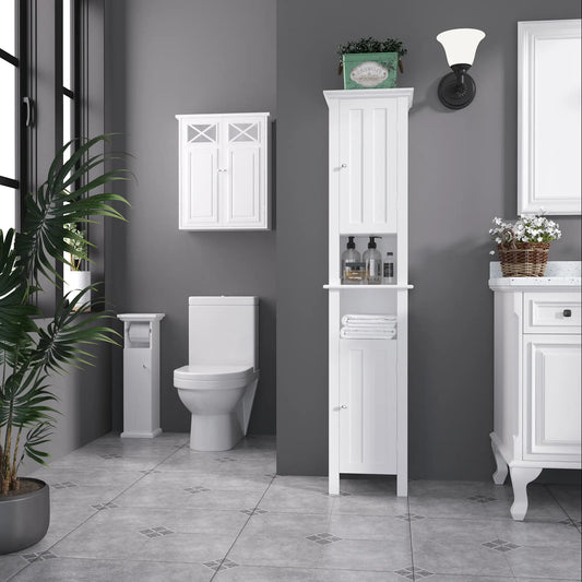 Freestanding Bathroom Cabinet, Open Shelves, 13.8" x 11.8" x 62.4", White Bathroom Cabinets White at Gallery Canada