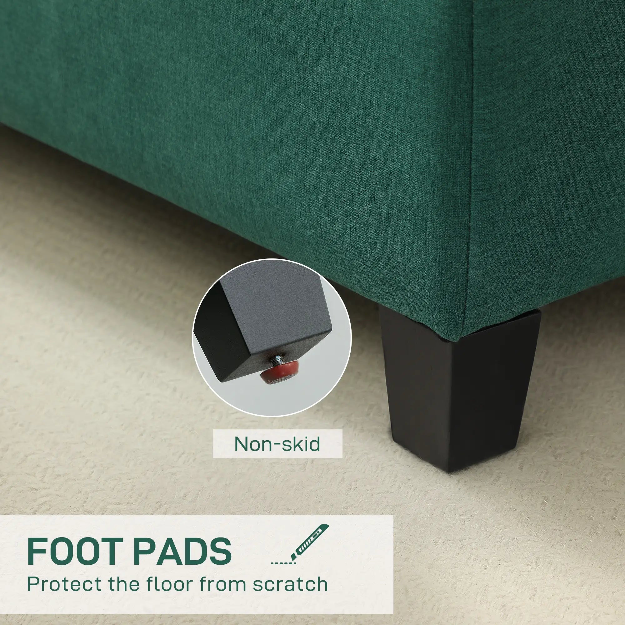 Rectangular Entry Bench, Tufted Upholstered Linen, Wood Feet, Dark Green Storage Ottomans & Benches at Gallery Canada