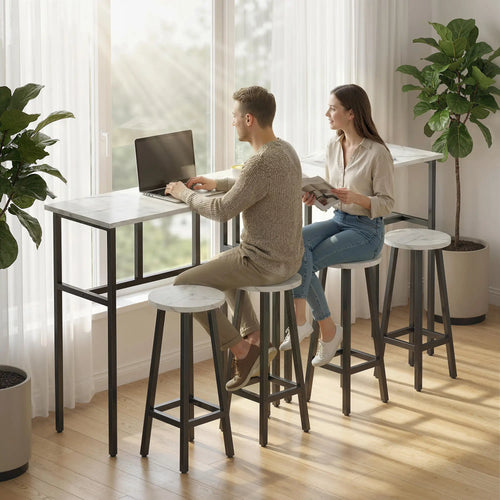 Bar Table Set Of 6, White Marble Breakfast Table And 4 Stools, White