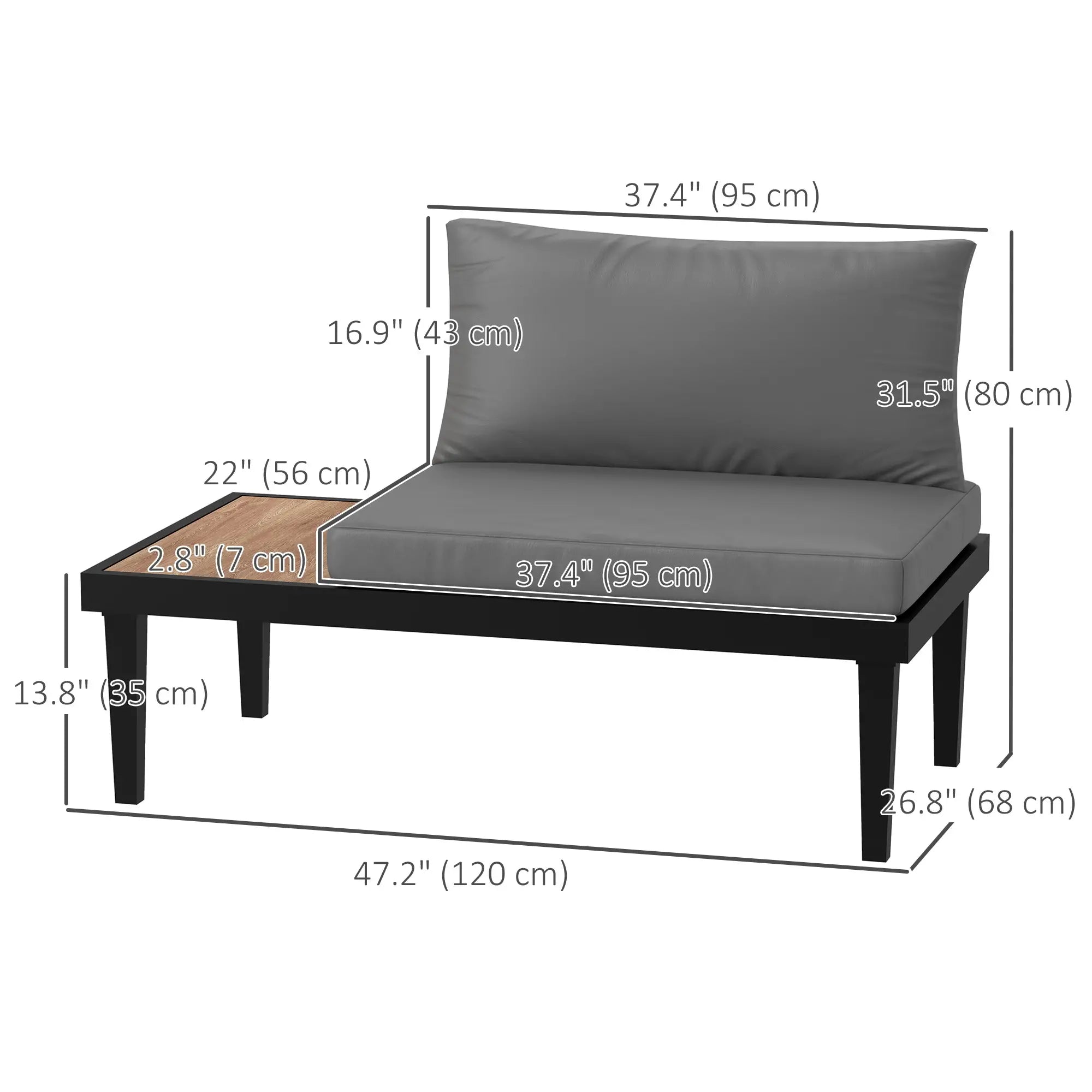 2 Seater Patio Sofa, Outdoor Couch with Wood Tray, Cushions, Grey Patio Chairs at Gallery Canada