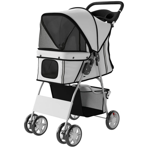 Foldable Pet Stroller, With Wheels, Reflective Strips, Brake, Pad, Basket, Grey