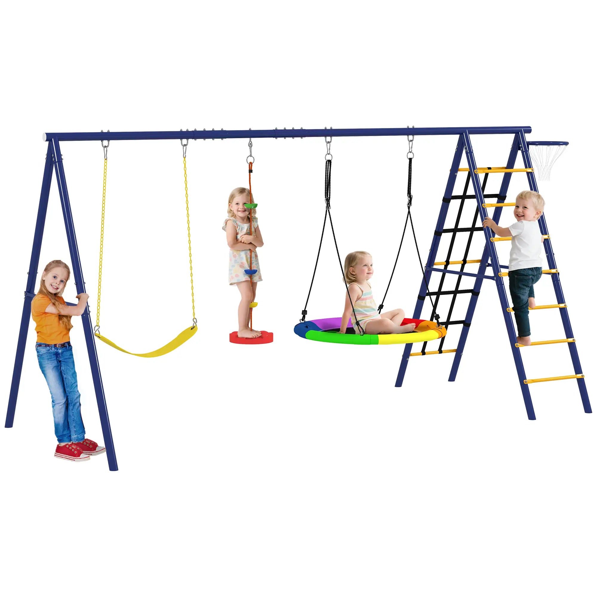 6 in 1 Kids Swing Set, Saucer Swing, Belt Swing, Disc Rope Swing, Ladder, Net, Basketball Hoop Gym Sets & Swings at Gallery Canada