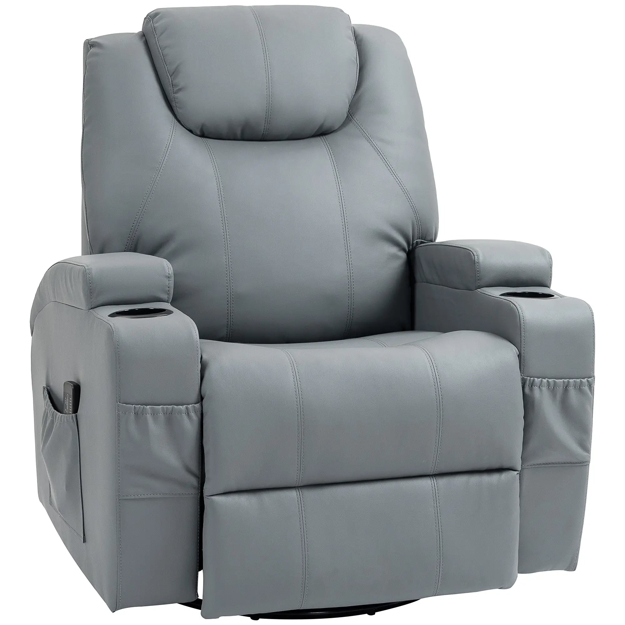 Massage Recliner Chair Leather Swivel Rocker Manual Reclining Chair with 8 Vibration Points, Cup Holders, Light Grey Single Sofas Light Grey at Gallery Canada